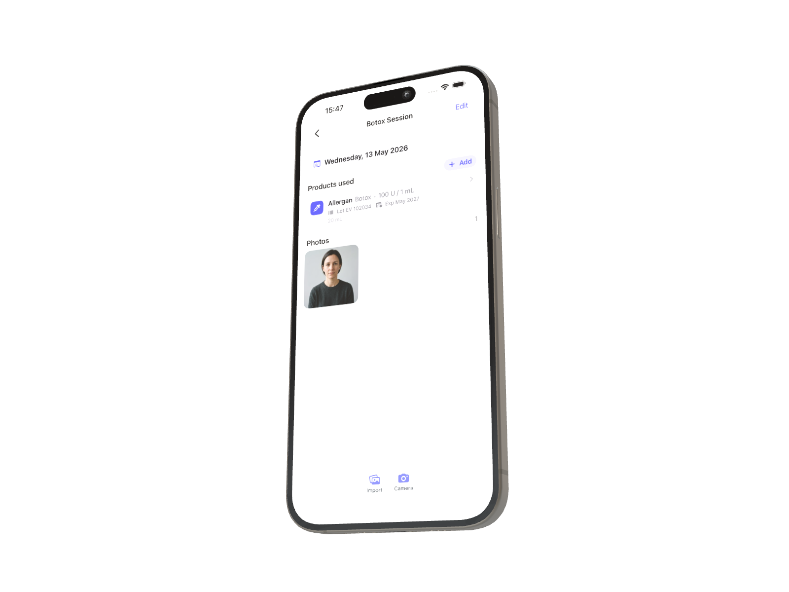 SkinCloud patient session on iPhone — date, products, lot, expiry, and clinical photos