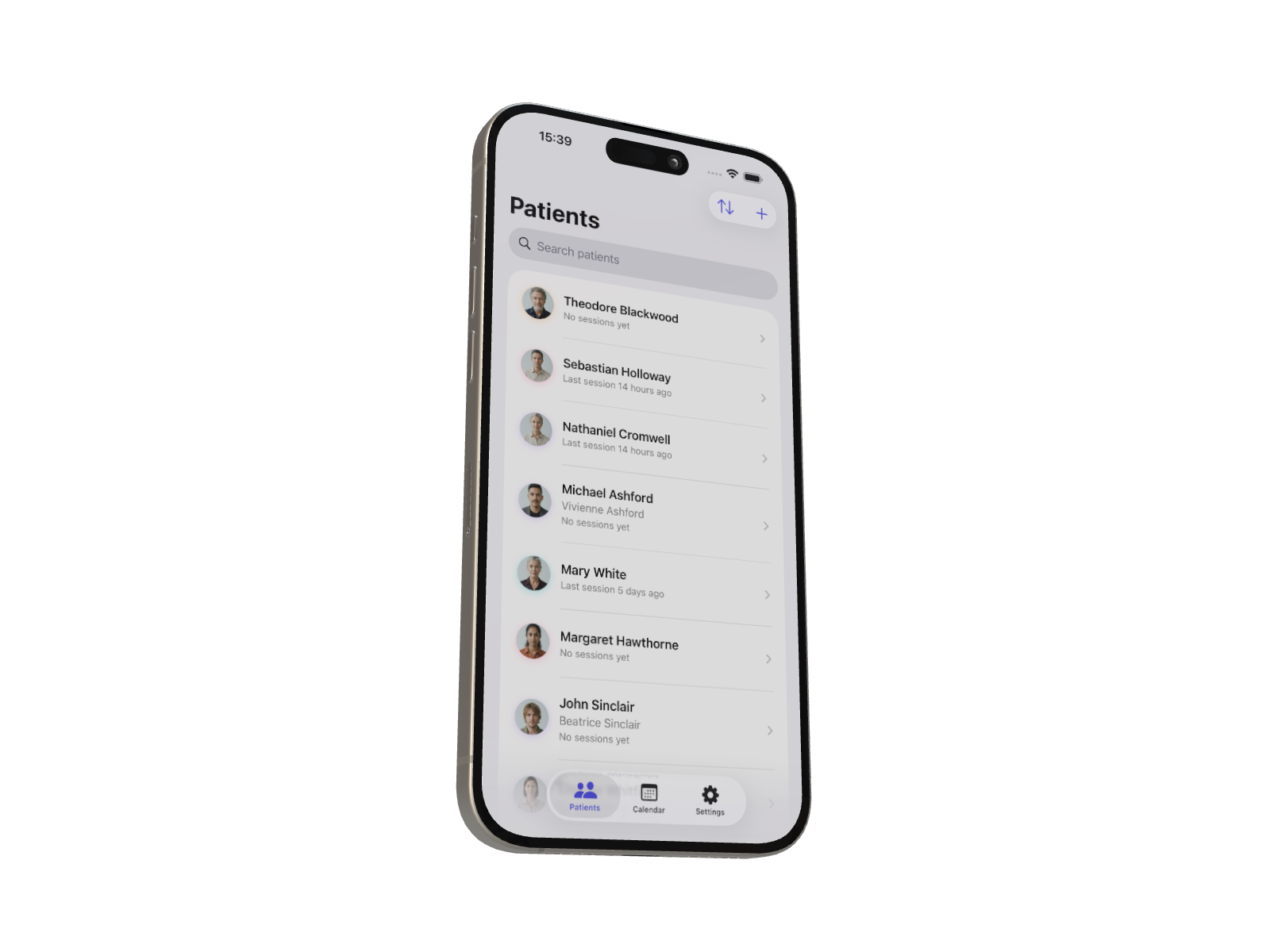 SkinCloud patients list rendered on iPhone — last-session timestamps and real avatars